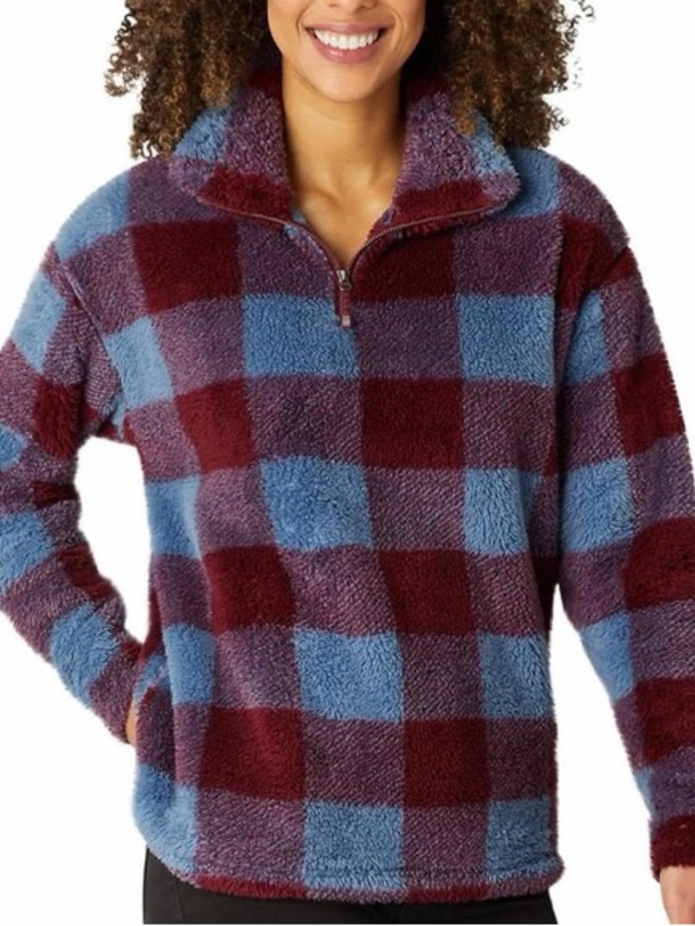 Eddie Bauer, Plush , Quarter-Zip Pullover - Burgundy & Light Blue Checker